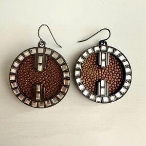 Leighelena Bronze Stingray Leather Round Drop Earrings w/ Gunmetal Crystal Frame